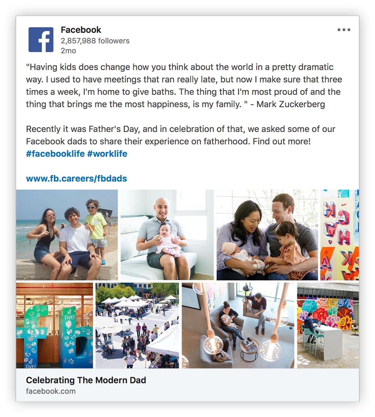 Facebook is more than just social media updates. They post about their employees’ journeys and highlight human interest pieces. 
