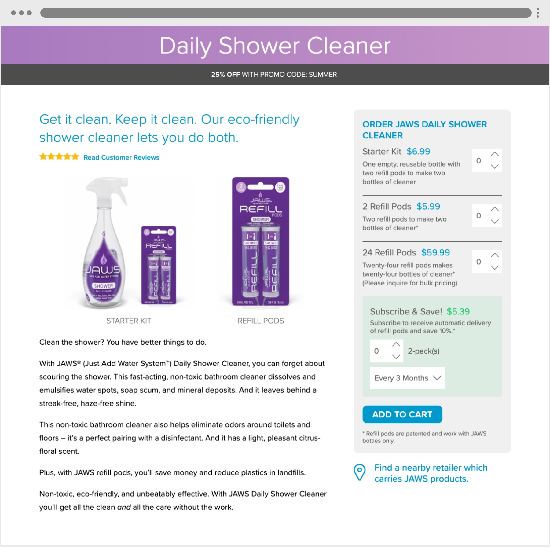 JAWS Daily Shower Cleaner Product Page