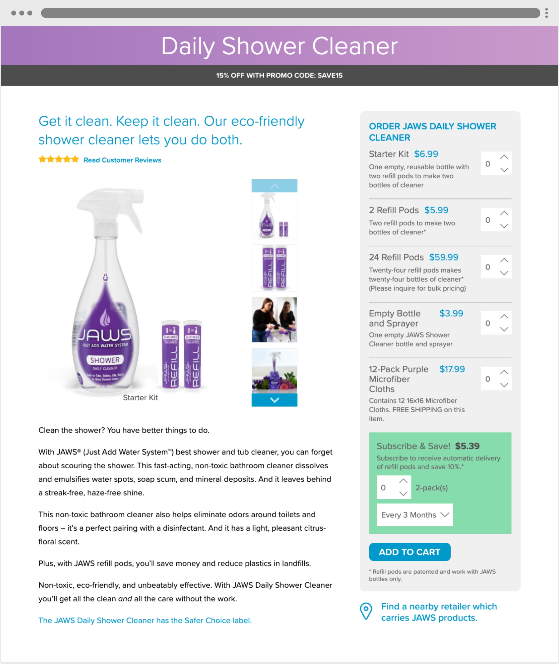 JAWS Daily Shower Cleaner Product Page